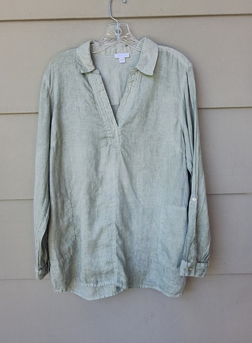J.Jill Love Linen Popover V neck collared Long Sleeves Top Tunic Blouse Green M